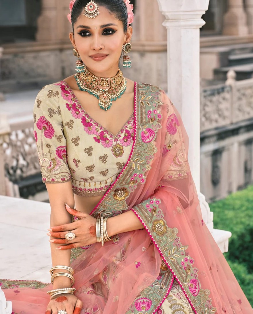 PEACH - Peach & Off-White Fancy Silk Lehenga Choli With Cut Work Embroidery Border & Stone Work